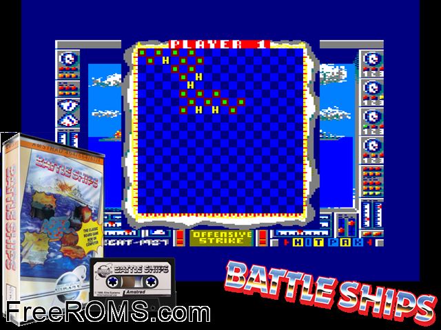 Battle Ships (UK) (1988) [a2] Amstrad CPC game showing 3D box cover and gameplay screenshot